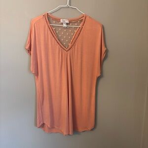 LOFT Coral V Neck Top Medium Sheer Polka Dot Trim Flowy Top
